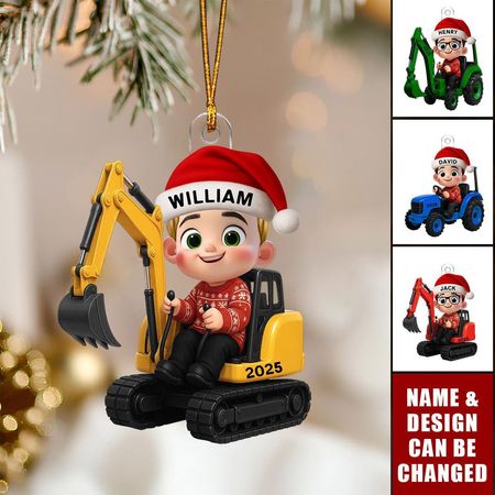 3D-Effekt kleiner Junge mit Auto Bagger Bagger Traktor Weihnachten personalisierte Acryl Ornament
